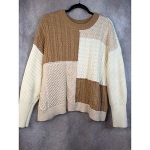 Lands End Colorblock Patchwork Cable Knit Sweater Wool Blend Women‎ Size S